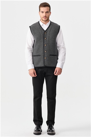 Мужской вязаный шерстяной жилет с бархатными вставками и V-образным вырезом дымчатый 