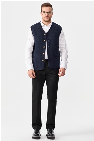 Мужской вязаный шерстяной жилет с бархатными вставками и V-образным вырезом темно синий