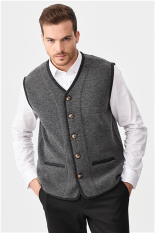 Мужской вязаный шерстяной жилет с бархатными вставками и V-образным вырезом дымчатый 