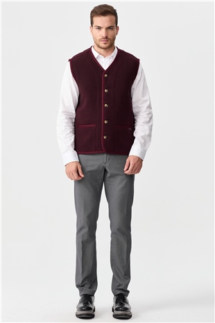 Мужской вязаный шерстяной жилет с бархатными вставками и V-образным вырезом бордовый 