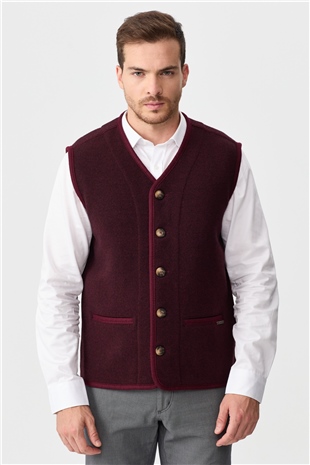 Мужской вязаный шерстяной жилет с бархатными вставками и V-образным вырезом бордовый 