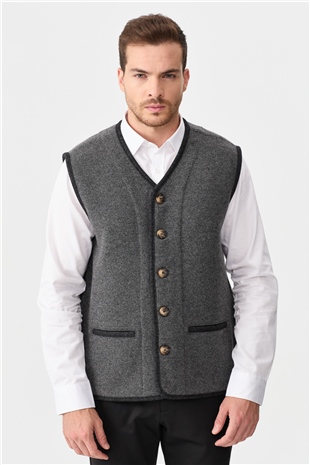 Мужской вязаный шерстяной жилет с бархатными вставками и V-образным вырезом дымчатый 
