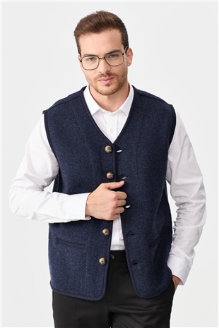 Мужской вязаный шерстяной жилет с бархатными вставками и V-образным вырезом темно синий