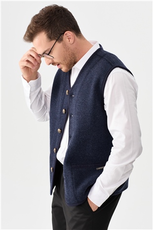 Мужской вязаный шерстяной жилет с бархатными вставками и V-образным вырезом темно синий