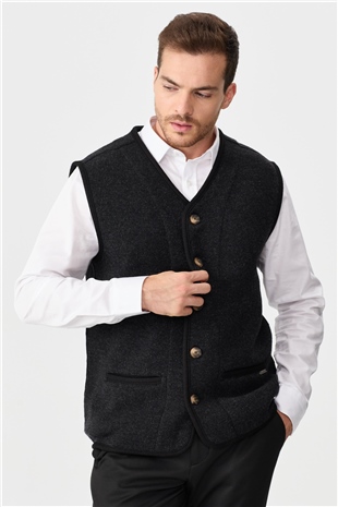 Мужской вязаный шерстяной жилет с бархатными вставками и V-образным вырезом черный