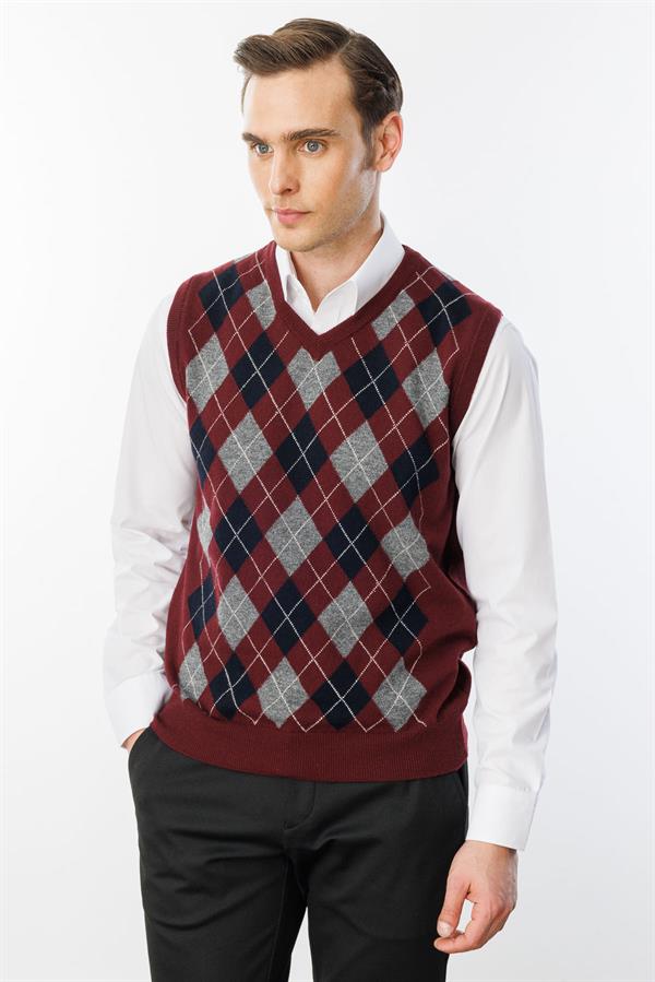 Erkek V Yaka Önü Baklava Desenli Yün Süveter Bordo