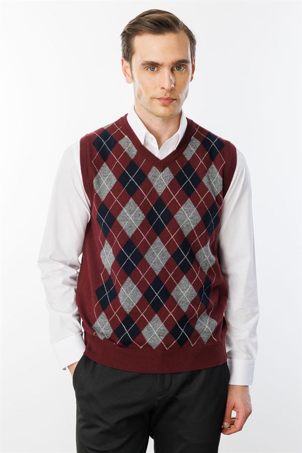 Erkek V Yaka Önü Baklava Desenli Yün Süveter Bordo