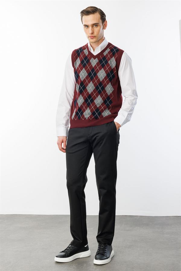 Erkek V Yaka Önü Baklava Desenli Yün Süveter Bordo