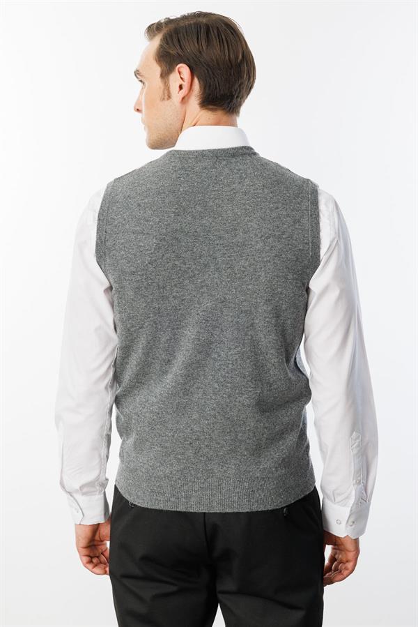 Erkek V Yaka Önü Baklava Desenli Yün Süveter Füme