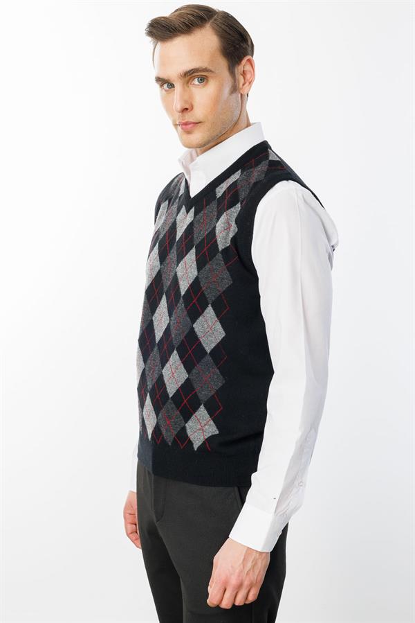 Erkek V Yaka Önü Baklava Desenli Yün Süveter Siyah