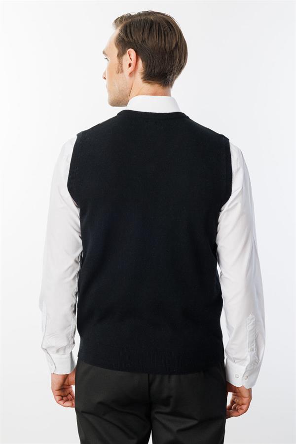 Erkek V Yaka Önü Baklava Desenli Yün Süveter Siyah