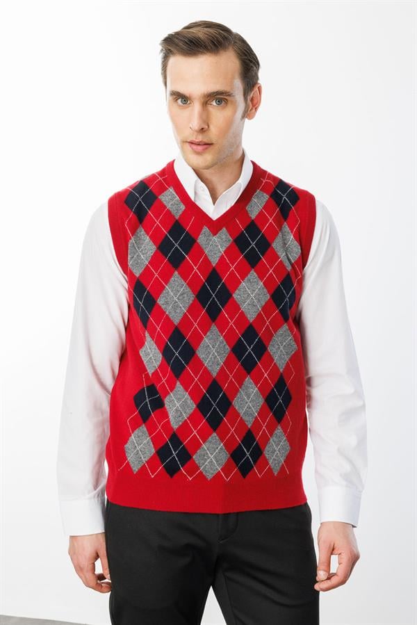 Erkek V Yaka Önü Baklava Desenli Yün Süveter K.Kırmızı