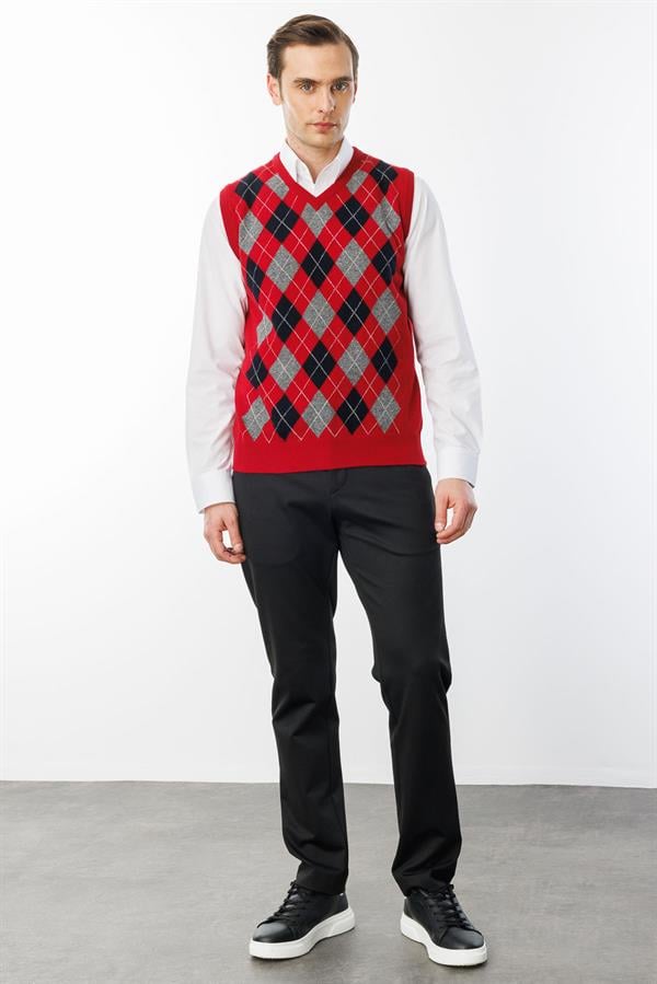 Erkek V Yaka Önü Baklava Desenli Yün Süveter K.Kırmızı