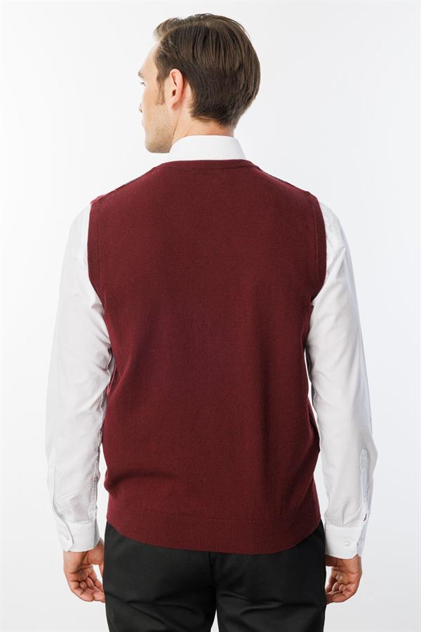 Erkek V Yaka Önü Baklava Desenli Yün Süveter Bordo