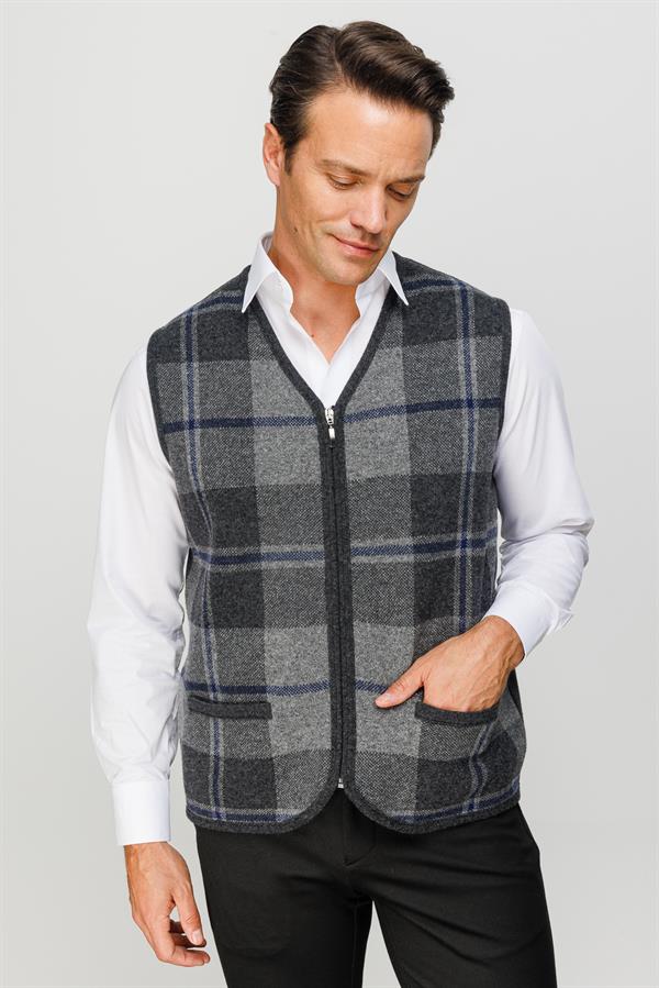 Мужской жилет с V образным вырезом в клетку спереди темно дымчатый