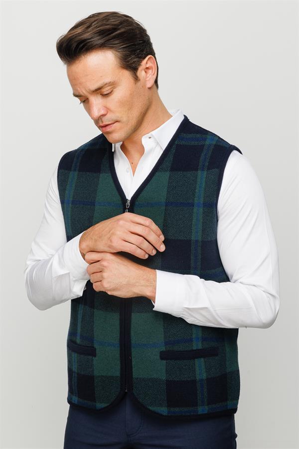 Мужской жилет с V образным вырезом в клетку спереди темно синий