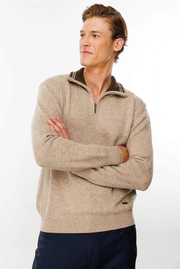Erkek Yakası Fermuarlı Basic Yün Kazak K.Bej