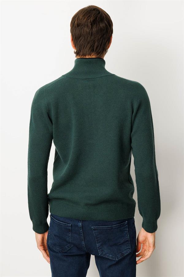 Erkek Yakası Fermuarlı Basic Yün Kazak Yeşil