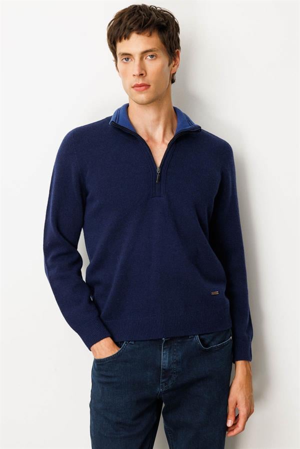 Erkek Yakası Fermuarlı Basic Yün Kazak Y.A Lacivert