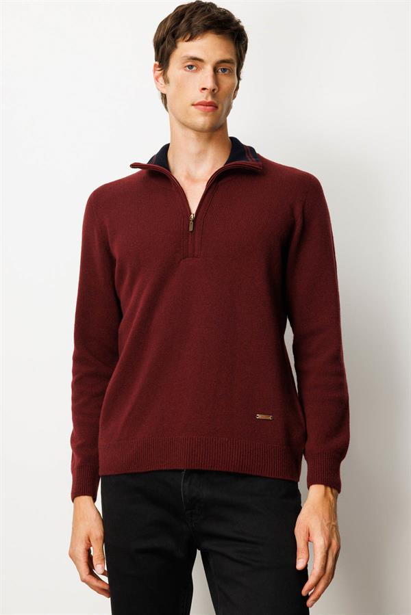 Erkek Yakası Fermuarlı Basic Yün Kazak Bordo