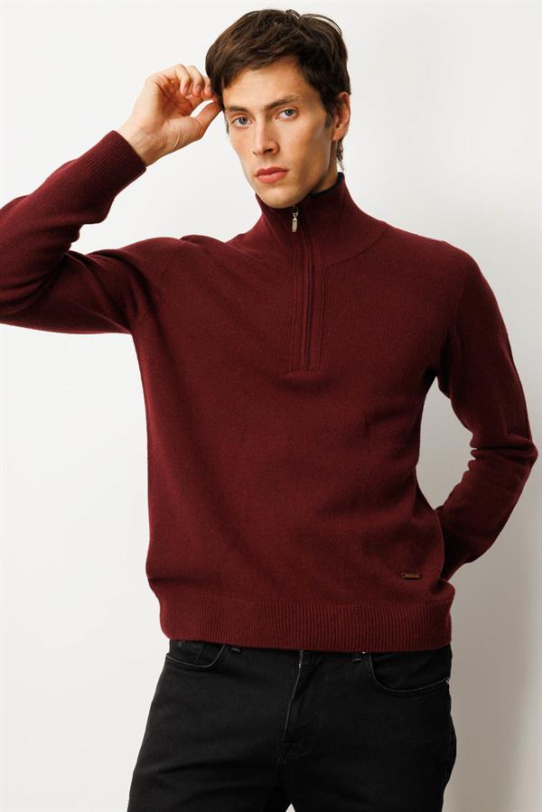 Erkek Yakası Fermuarlı Basic Yün Kazak Bordo