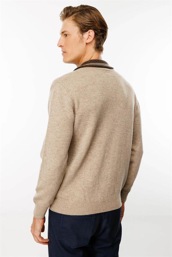 Erkek Yakası Fermuarlı Basic Yün Kazak K.Bej