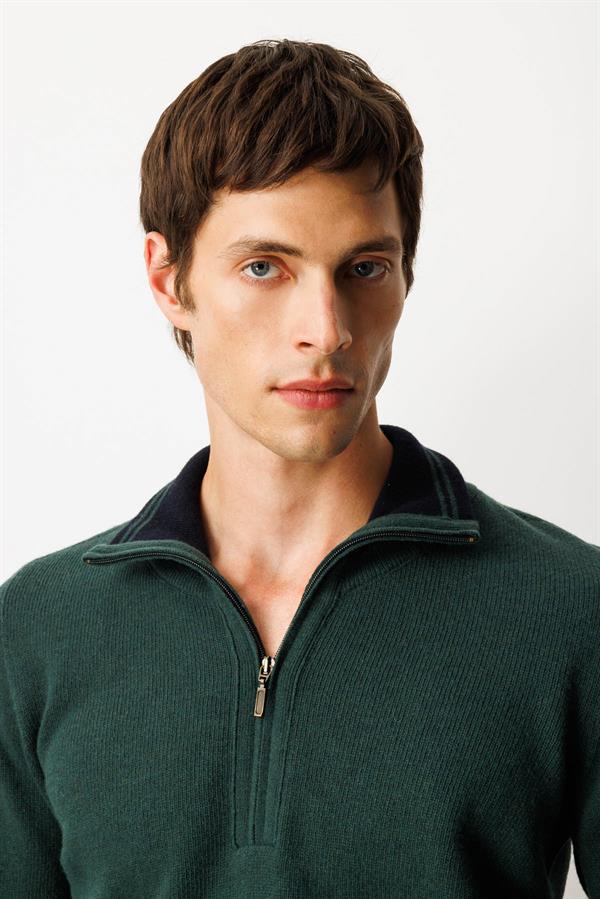 Erkek Yakası Fermuarlı Basic Yün Kazak Yeşil