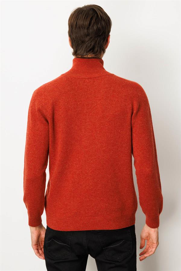 Erkek Yakası Fermuarlı Basic Yün Kazak Kiremit