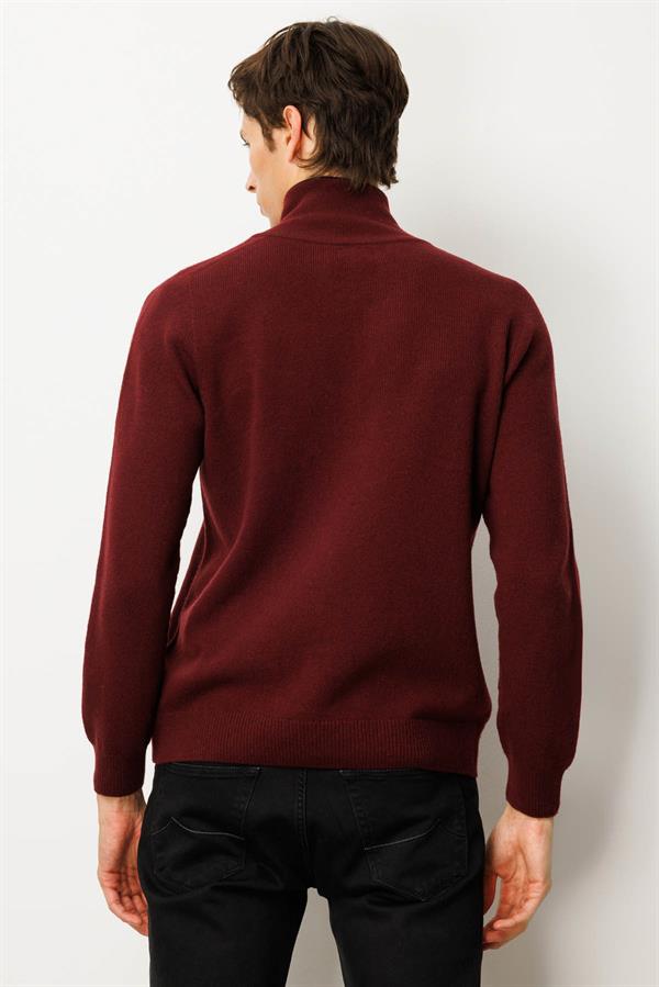 Erkek Yakası Fermuarlı Basic Yün Kazak Bordo