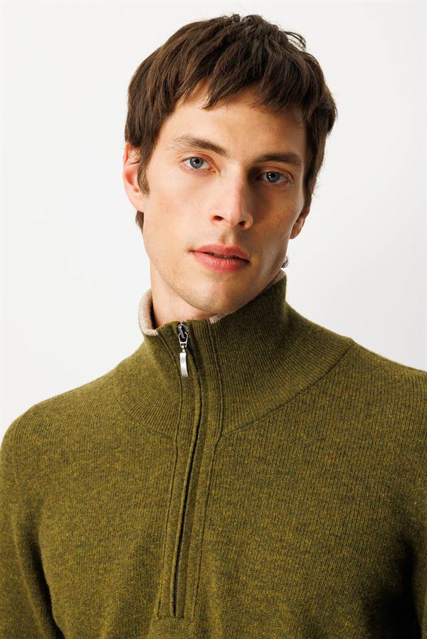 Erkek Yakası Fermuarlı Basic Yün Kazak A.K.Yeşili