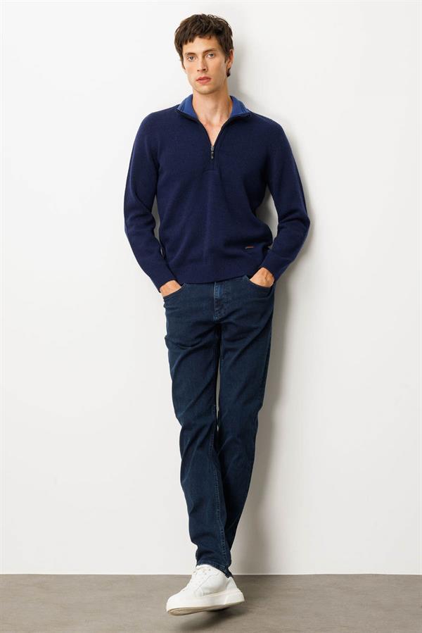 Erkek Yakası Fermuarlı Basic Yün Kazak Y.A Lacivert