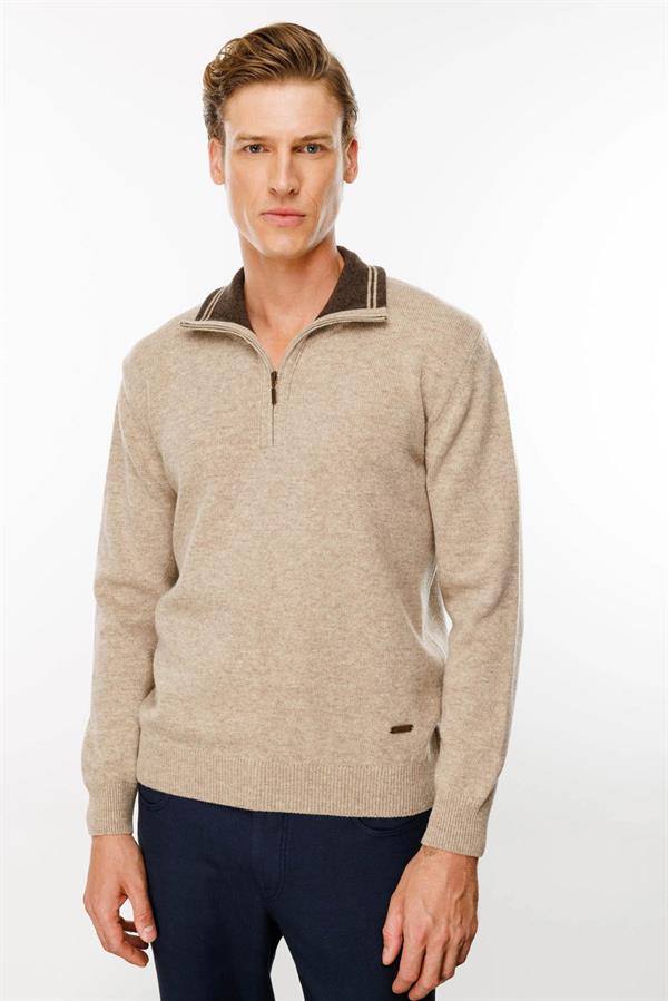 Erkek Yakası Fermuarlı Basic Yün Kazak K.Bej