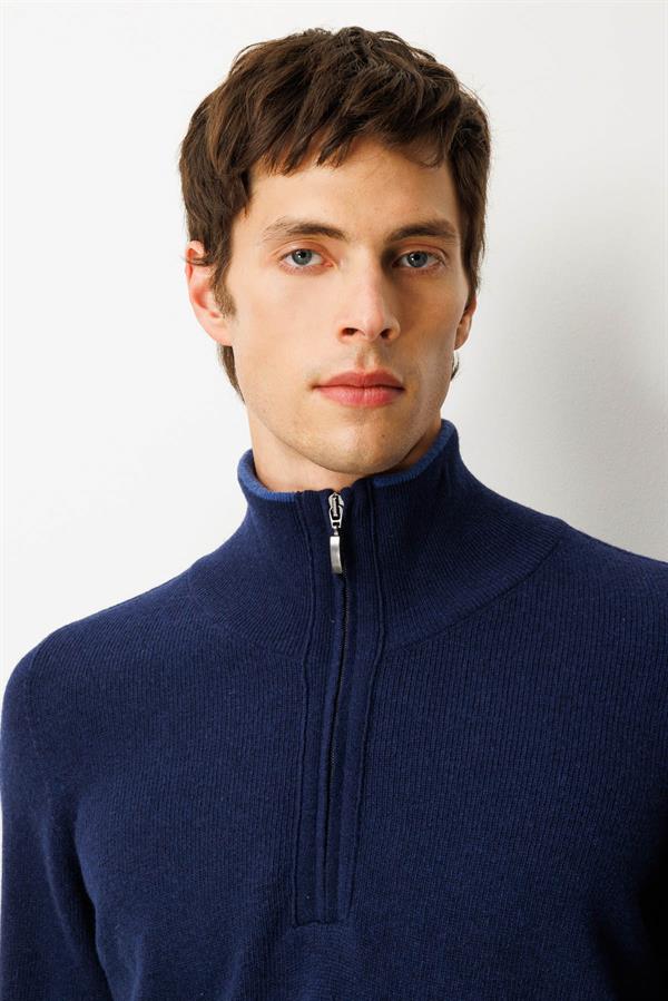 Erkek Yakası Fermuarlı Basic Yün Kazak Y.A Lacivert