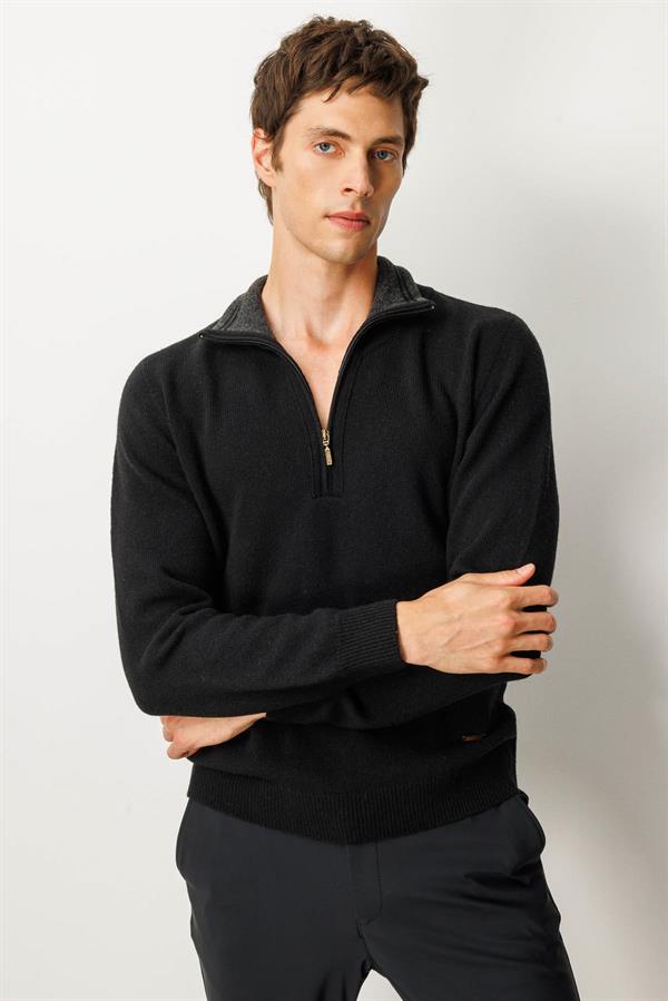 Erkek Yakası Fermuarlı Basic Yün Kazak Siyah