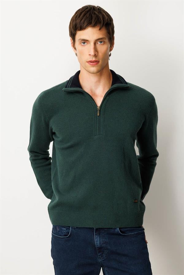 Erkek Yakası Fermuarlı Basic Yün Kazak Yeşil