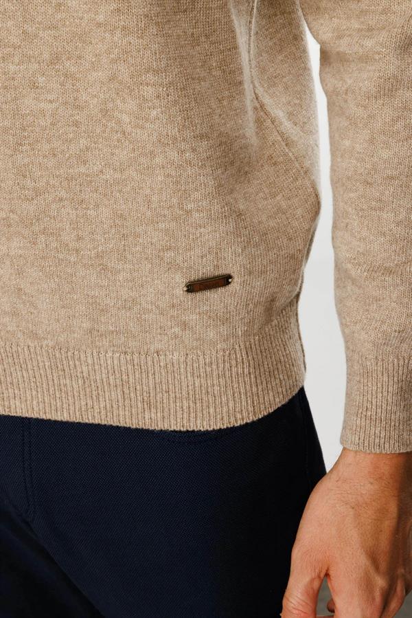 Erkek Yakası Fermuarlı Basic Yün Kazak K.Bej