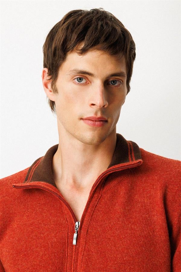 Erkek Yakası Fermuarlı Basic Yün Kazak Kiremit