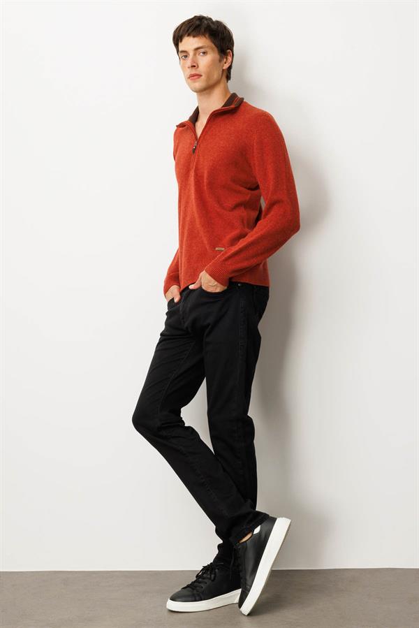 Erkek Yakası Fermuarlı Basic Yün Kazak Kiremit