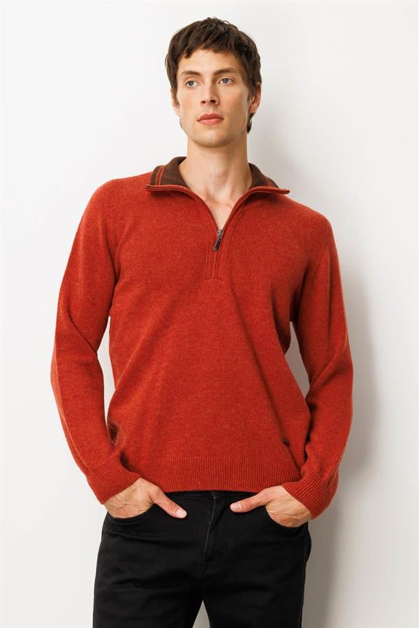 Erkek Yakası Fermuarlı Basic Yün Kazak Kiremit