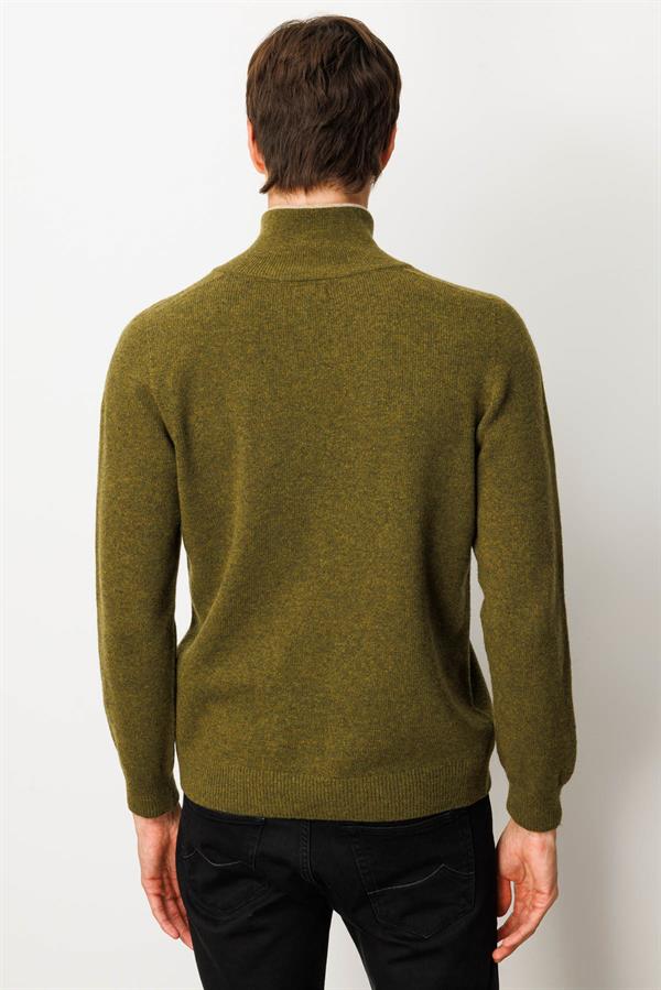 Erkek Yakası Fermuarlı Basic Yün Kazak A.K.Yeşili