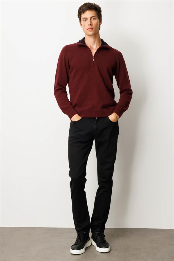 Erkek Yakası Fermuarlı Basic Yün Kazak Bordo