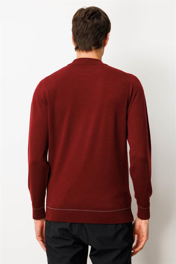 Erkek Yarım Balıkçı Yaka Çizgili Baklavalı Yün Kazak Bordo