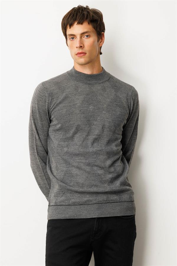 Erkek Yarım Balıkçı Yaka Çizgili Baklavalı Yün Kazak Füme