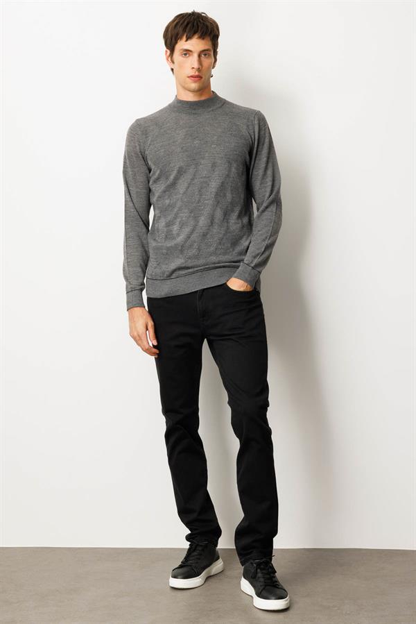 Erkek Yarım Balıkçı Yaka Çizgili Baklavalı Yün Kazak Füme