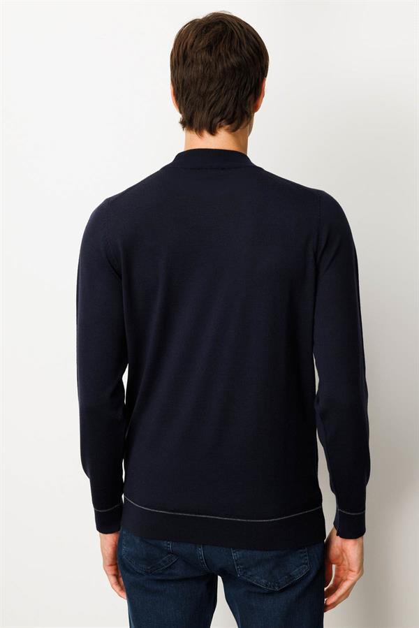 Erkek Yarım Balıkçı Yaka Çizgili Baklavalı Yün Kazak K.Lacivert