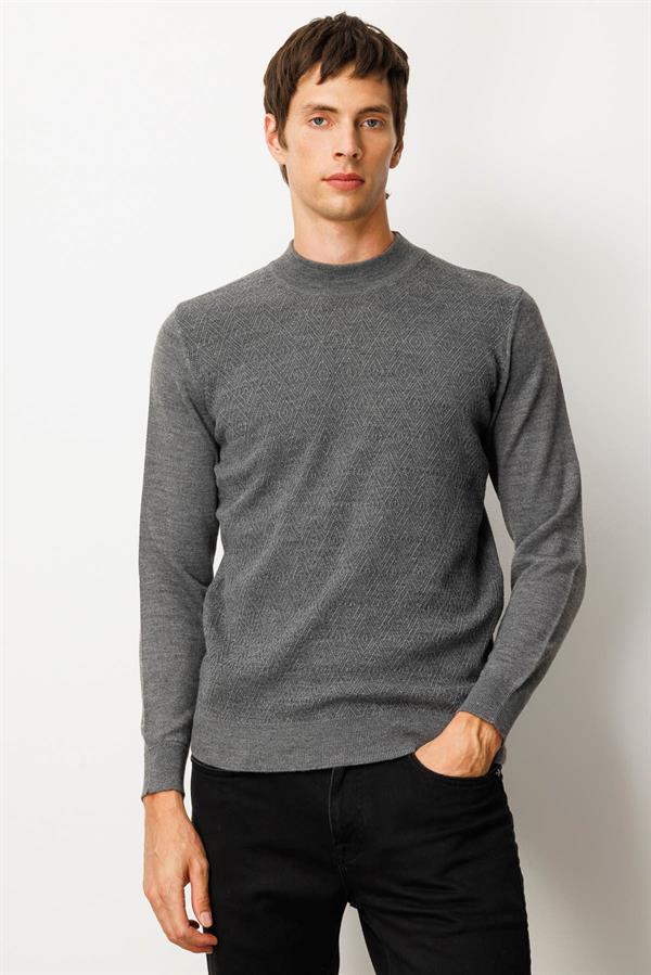 Erkek Yarım Balıkçı Yaka Önü Baklavalı Triko Kazak Füme