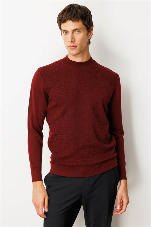 Erkek Yarım Balıkçı Yaka Önü Baklavalı Triko Kazak Bordo