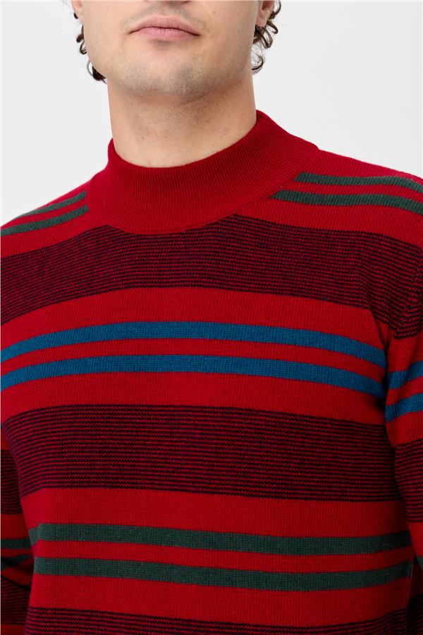 Мужской шерстяной свитер в красочную полоску с водолазкой Темно-красный