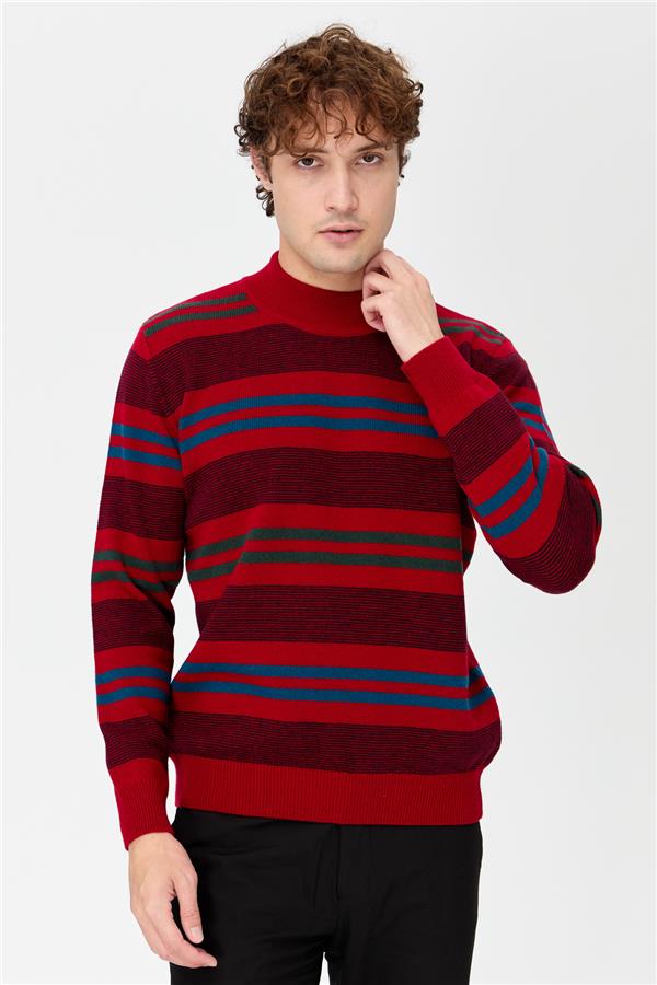 Мужской шерстяной свитер в красочную полоску с водолазкой Темно-красный