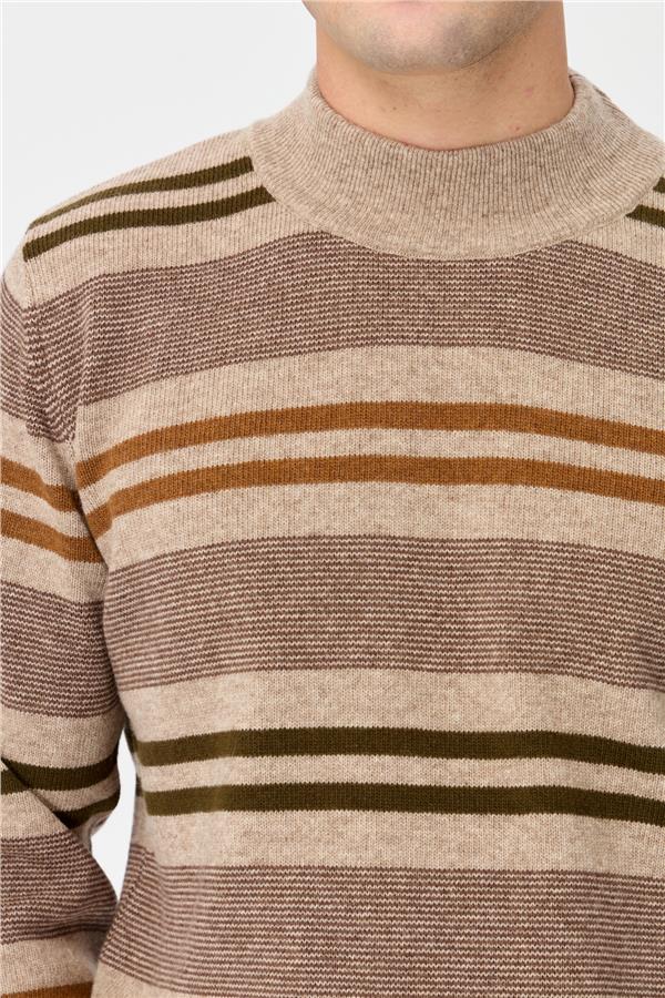 Мужской шерстяной свитер в красочную полоску с водолазкой Темно-бежевый